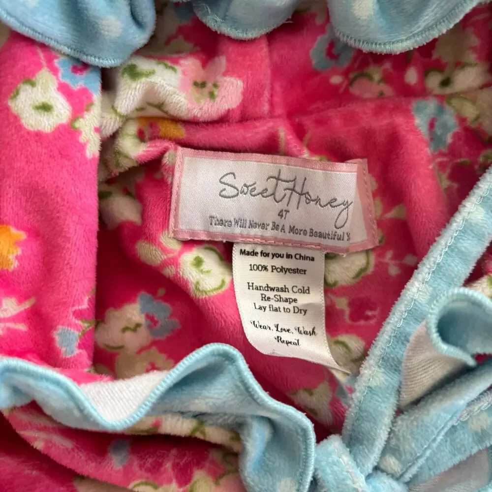 SweetHoney Pink Floral Hooded Kids Swim Coverup with Blue Trim